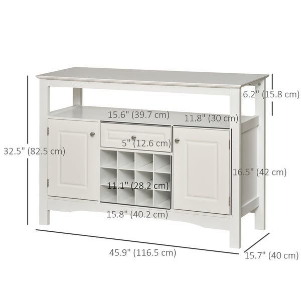 Modern kitchen sideboard with drawer and 12-bottle wine rack, white.