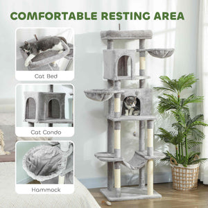 69-inch Multi-Level Cat Tree with 2 Condos, Plush Perch and Scratching Posts, Light Gray