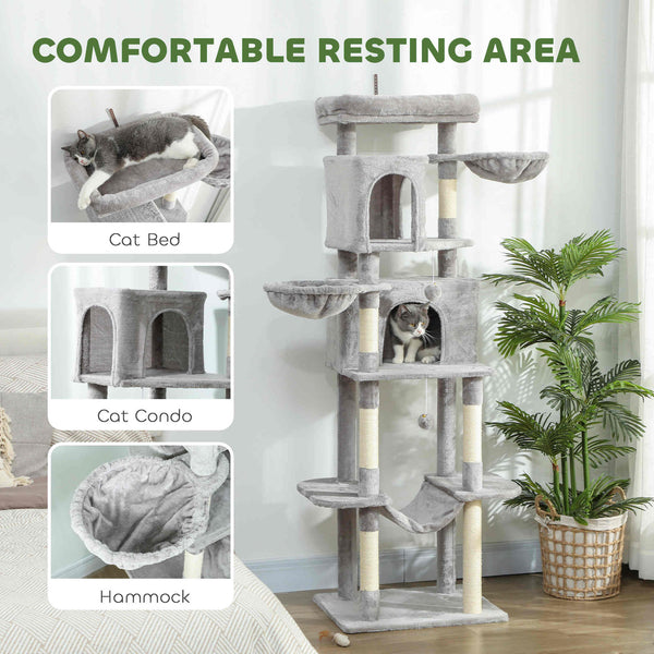 69-inch Multi-Level Cat Tree with 2 Condos, Plush Perch and Scratching Posts, Light Gray