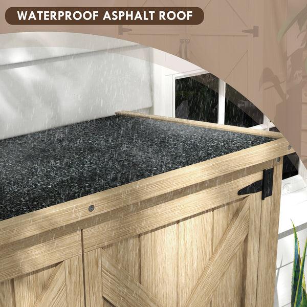 Wooden garden shed with waterproof asphalt roof and lockable doors, natural color