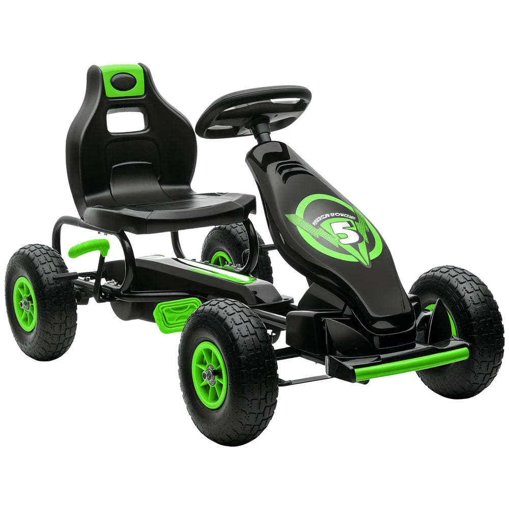 Pedal go-kart with adjustable seat, shock-absorbing rubber wheels, green