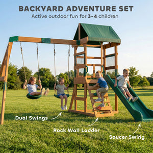 Outdoor play structure with slide, 2 swings, climbing wall and covered deck, outdoor children's play area