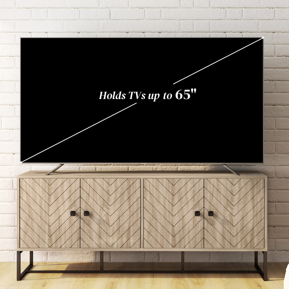 Buffet en chêne avec 2 étagères réglables et base en acier, utilisable comme meuble TV ou meuble bar pour salon