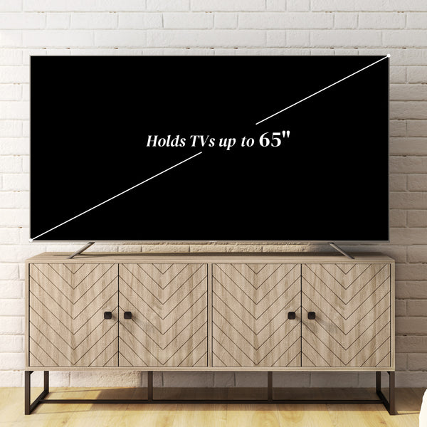 Buffet en chêne avec 2 étagères réglables et base en acier, utilisable comme meuble TV ou meuble bar pour salon