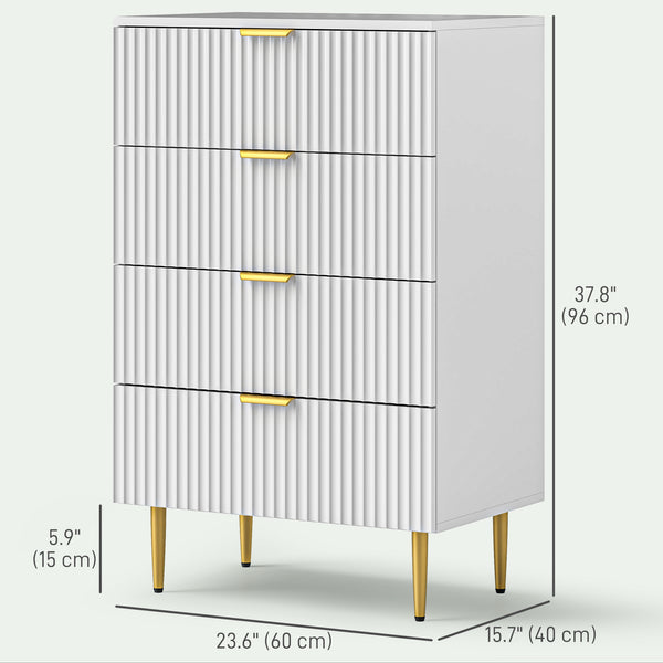 Modern 4-drawer chest of drawers with gold legs and handles, white