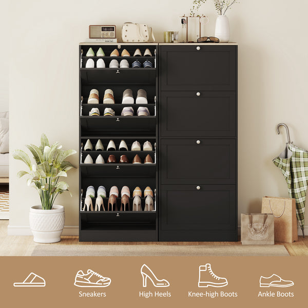 Modern shoe cabinet with 4 hinged drawers and adjustable shelves, for 18 to 24 pairs of shoes, black
