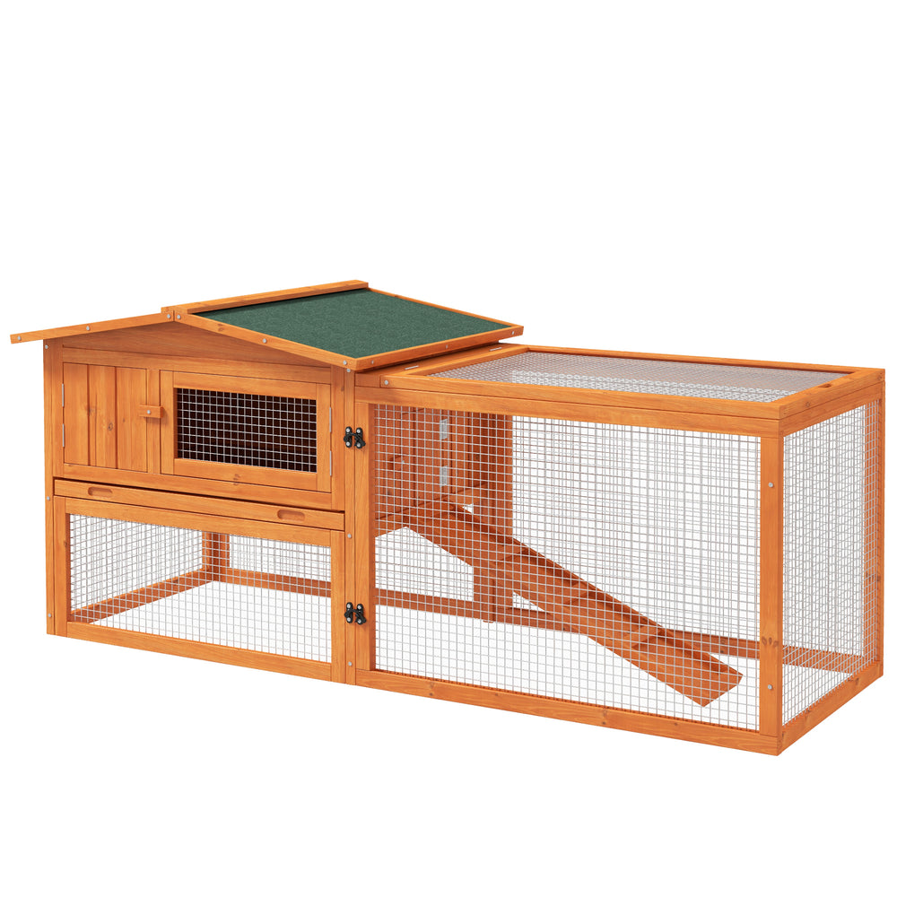 Wooden hutch with removable tray, opening roof, waterer, and run
