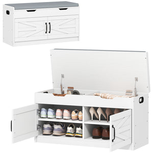 Shoe storage bench with 2-tier cabinet, hinged lid, padded cushion for hallway, white