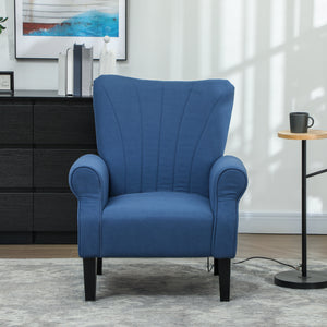 Modern fabric accent chair with wooden legs, dark blue