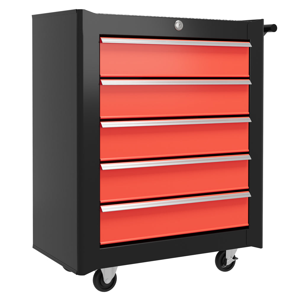 5-drawer rolling tool chest with handle for workshop/garage, black and red
