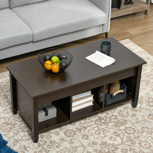 Lift-top coffee table with hidden storage compartment, 3 lower shelves, espresso
