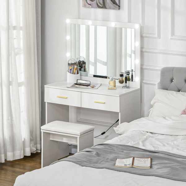 Dressing table with stool, LED illuminated mirror and drawers, white