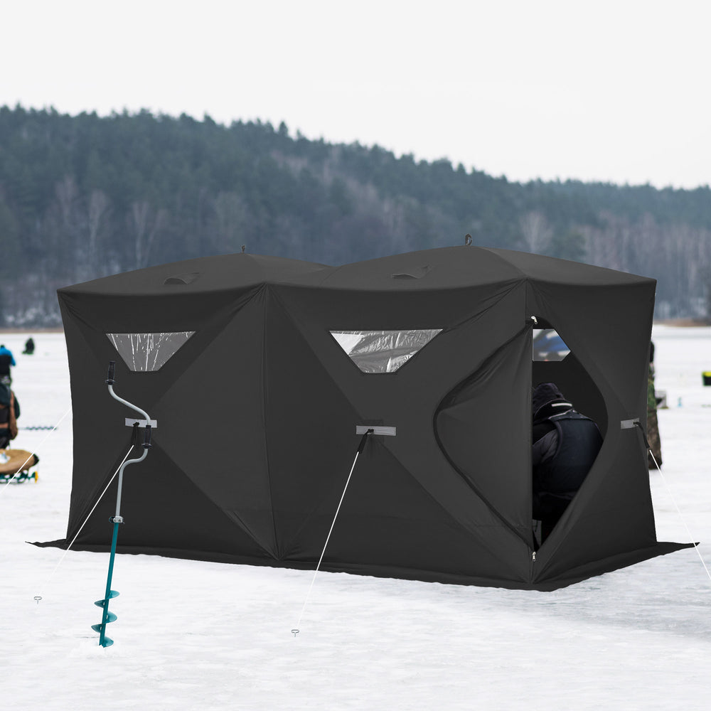 Portable ice fishing shelter for 5 to 8 people, black.