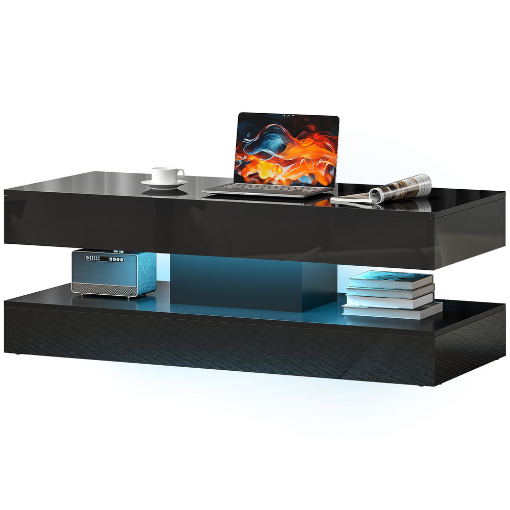 Coffee table with adjustable LED lighting, 2 drawers, open shelf, remote control, glossy black