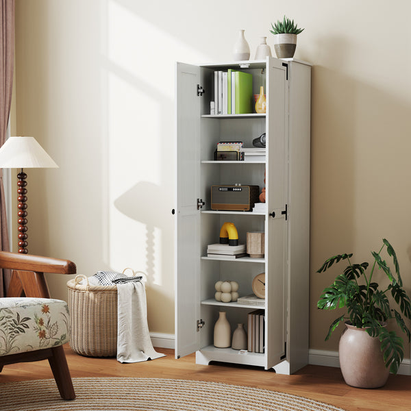 Country Style Tall Storage Cabinet with 2 Doors and Adjustable Shelves, Distressed White