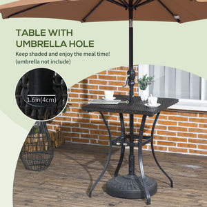 Outdoor coffee table in woven resin with a hole for a parasol, brown