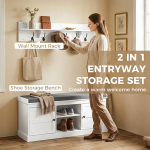2-in-1 Set: Coat Rack and Shoe Bench with 6 Hooks and Shoe Storage, White and Grey.