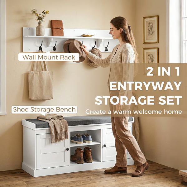 2-in-1 Set: Coat Rack and Shoe Bench with 6 Hooks and Shoe Storage, White and Grey.