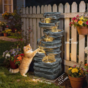 6-Tier Outdoor Fountain with LED Lighting, Resin with Pump, Grey
