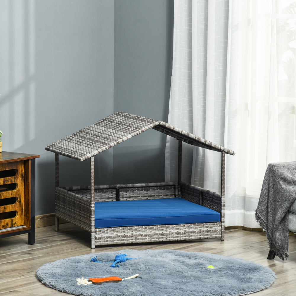 Wicker dog bed with cushion for indoor/outdoor use