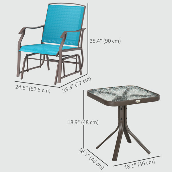 Set of 3 chairs with breathable mesh seat and glass table, blue