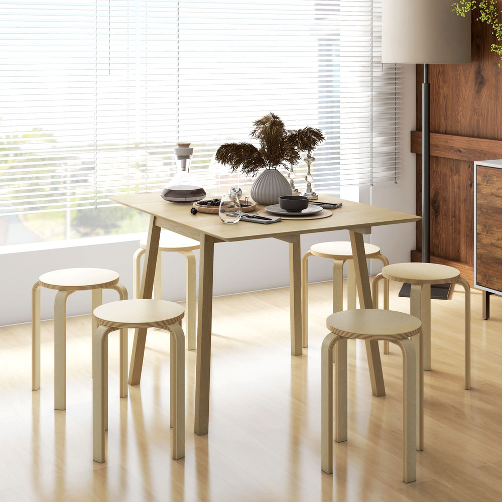 Set of 6 round wooden stackable stools for small spaces – Natural