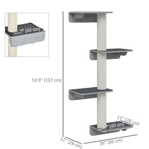 Wall-mounted cat tree with 4 platforms and 3 scratching posts, light grey