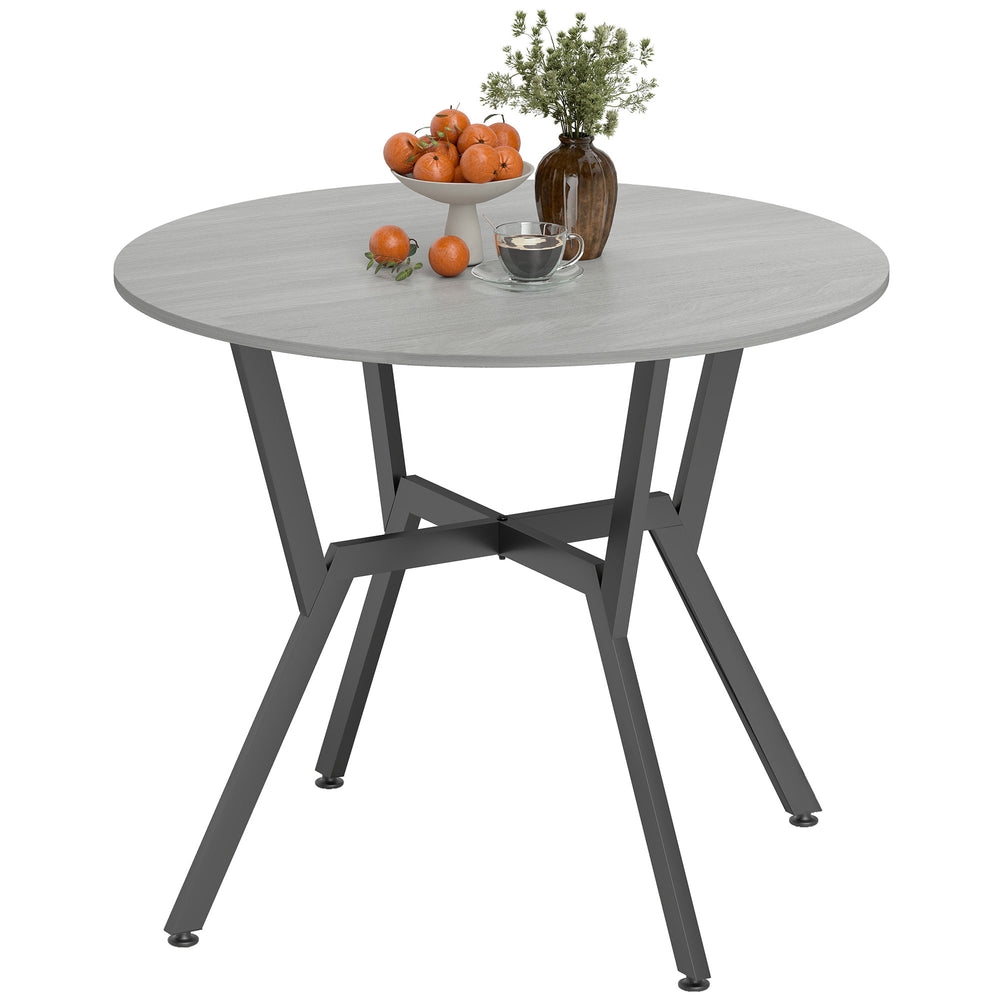 Modern round dining table with steel frame, grey