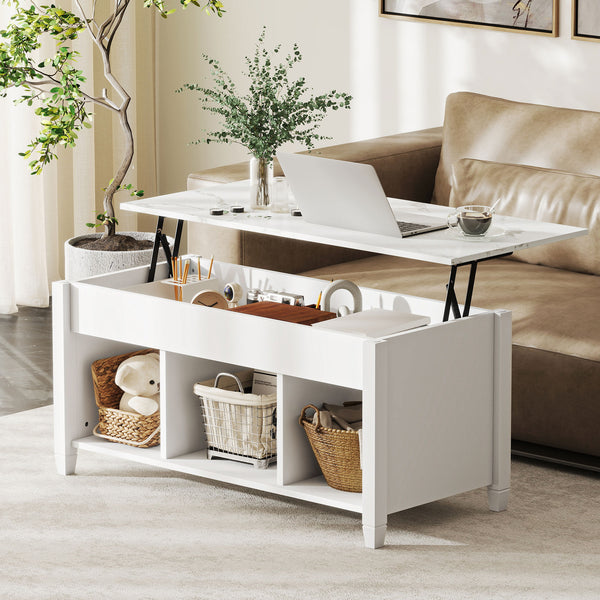 Modern lift-top coffee table with storage shelves and hidden compartment, white