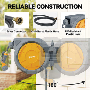 Retractable wall-mounted garden hose reel, orange.