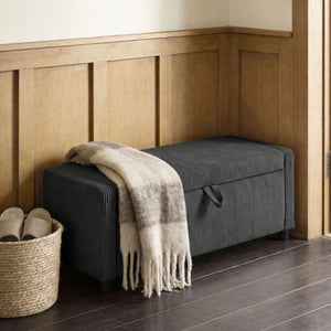 Dark gray corduroy tufted storage ottoman with thick padding, bedroom storage bench