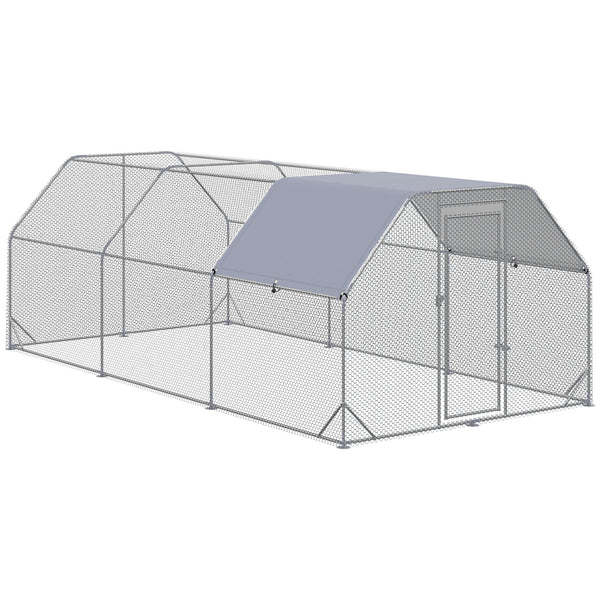 Large galvanized metal chicken coop with flat roof and tarp