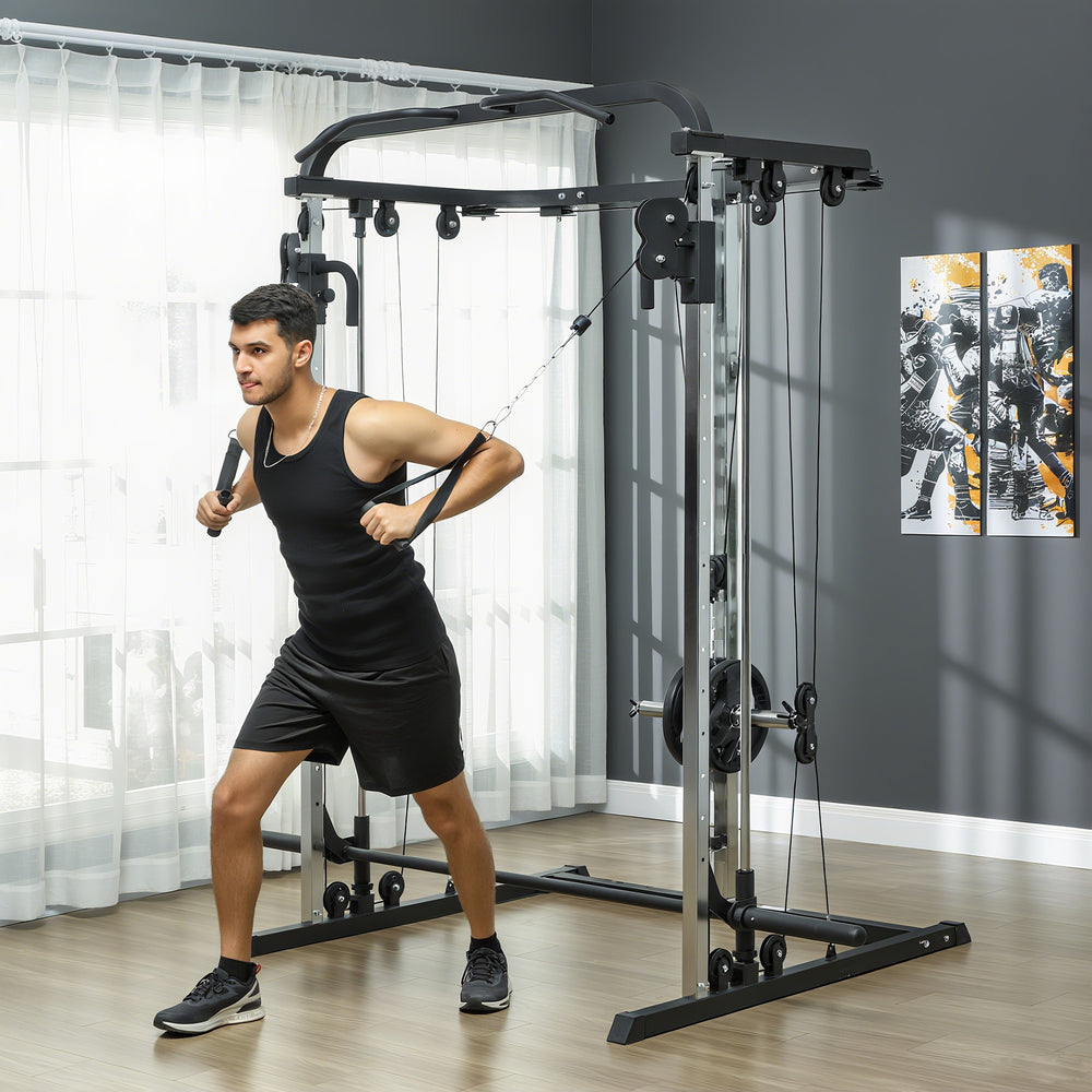 3-in-1 Squat Machine with Cable Crossover System, Pull-Up Station, 16-Level Squat Rack, and Barbell