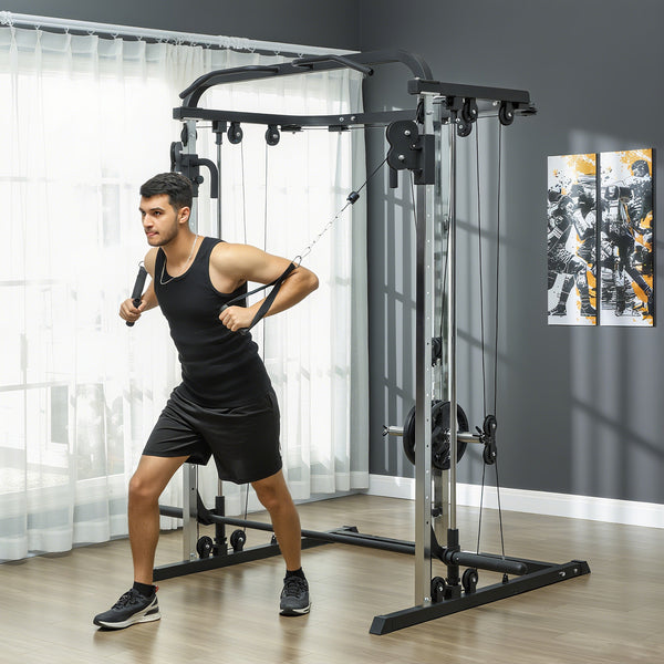 3-in-1 Squat Machine with Cable Crossover System, Pull-Up Station, 16-Level Squat Rack, and Barbell