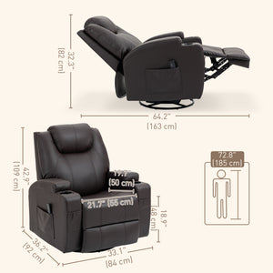 Massage chair with 8 vibration points, swivel rocker recliner, brown