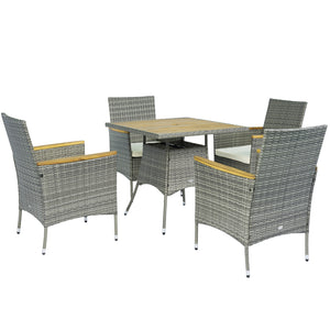 5 Piece Rattan Garden Dining Set with Parasol Hole, Cushions, Garden Table and Chairs, Teak