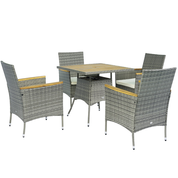 5 Piece Rattan Garden Dining Set with Parasol Hole, Cushions, Garden Table and Chairs, Teak