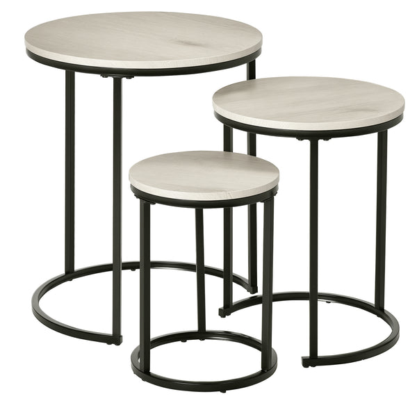Set of 3 stackable nesting tables with steel frame, gray