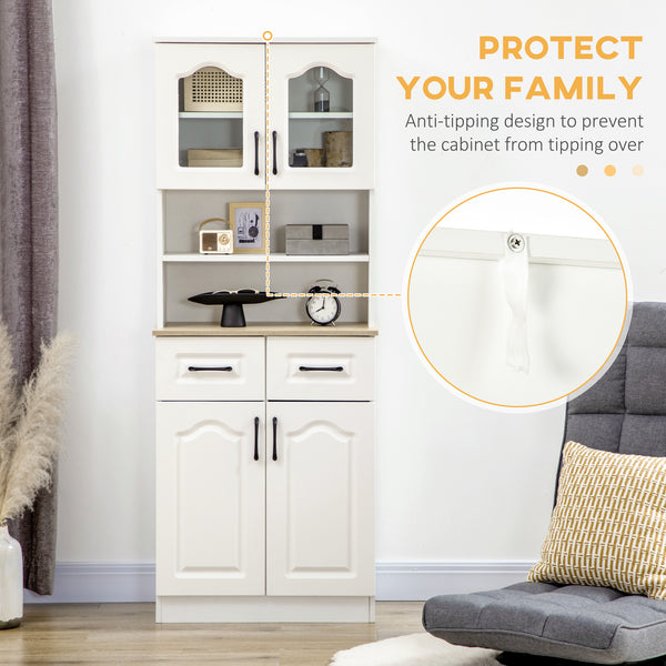 Freestanding storage unit with 2 adjustable shelves, 2 drawers, open countertop and glass doors, white