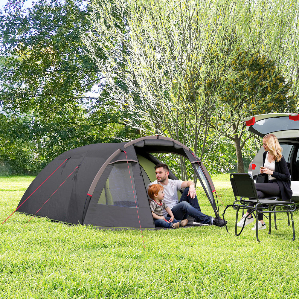 2-4 Man Camping Tent, 3000mm Waterproof Tunnel Tent with 2 Rooms, Sewn-in Groundsheet, 3 Doors and Hook