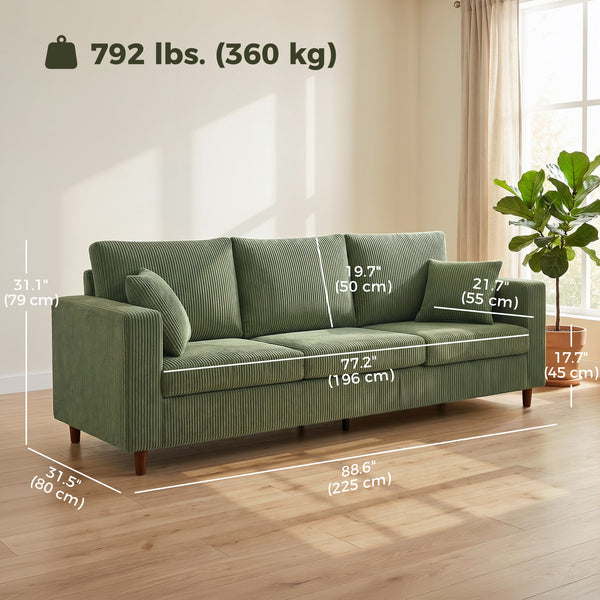 3-seater sofa with wide corduroy seat and deep seat, spring cushions, green