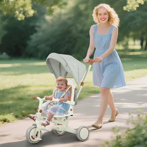 7 in 1 Tricycle with Safety Harness, Adjustable and Removable Parental Handle, Cream White