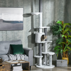 226-254cm Cat Tree with Hammock, Scratching Posts, Cabin, Perches, Play Ball, Grey