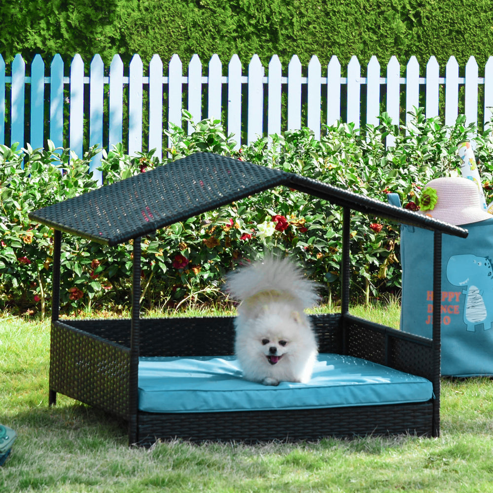 Wicker dog bed with cushion for indoor/outdoor use