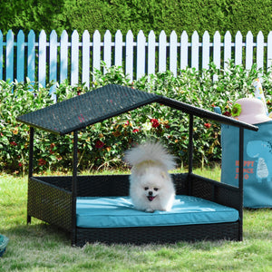Wicker dog bed with cushion for indoor/outdoor use
