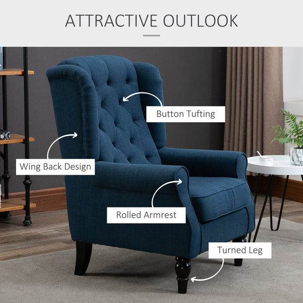 Upholstered accent chair with wooden legs, blue
