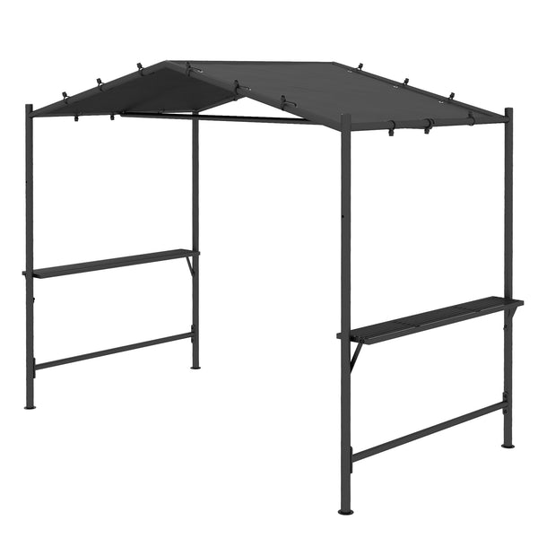 Barbecue shelter with steel frame and serving shelves, dark grey