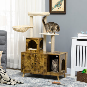 Litter box furniture with cat tree tower, rustic brown