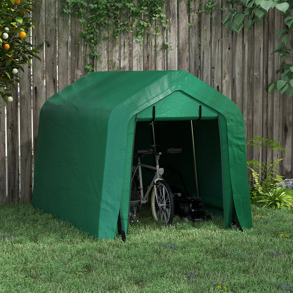 6 x 8 motorcycle shelter with side walls and roll-up door, green