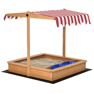 Wooden sandbox with height-adjustable lid, floor liner, seat and plastic trays